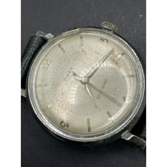 Vintage Timex Viscount Self Wind Watch White Dal Black Leather Band 36mm main image 4